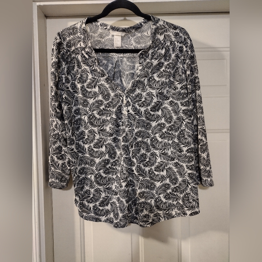 H&M Women's Black & White Peacock Feather Print Blouse
